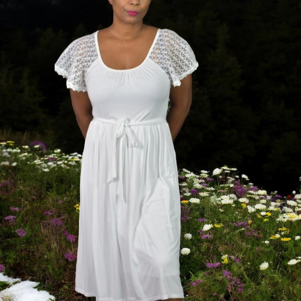 Victorias Secret Lace Sleeve Dress White Flutter Jersey Knit Midi Modal Small